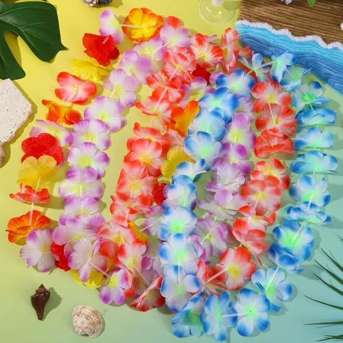 JUNEBRUSHS 24 Pack Hawaiian Leis for Luau Party Colorful Flower Necklaces Wreath Garland for Tropical Party Decorations Graduation Summer Beach Wedding Birthday