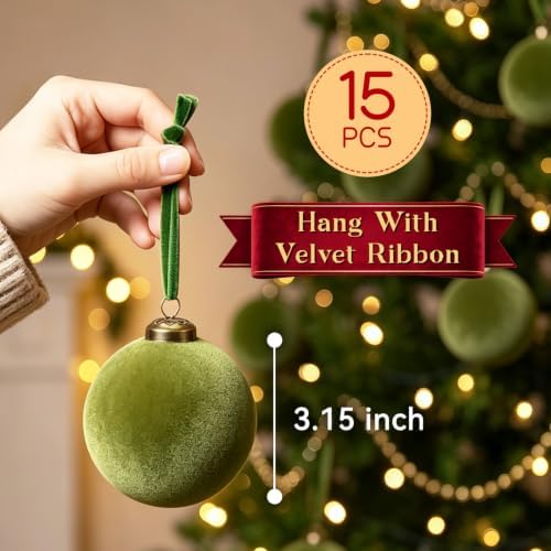 15 Pcs Green Velvet Christmas Ball Ornaments,3.15 Xmas Hanging Ornaments