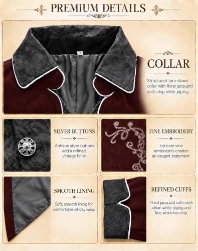 SIAEAMRG Mens Renaissance Pirate Halloween Costume Vampire Jackets Tailcoat