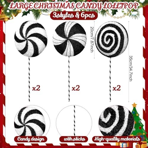 Hollowfly 27 Pcs Large Candy Christmas Decorations 7.87" Peppermint Lollipop Candy Christmas Decorations with Hanging Xmas Tree Ornaments Lollipop for Home Xmas Party Decor(Black and White)