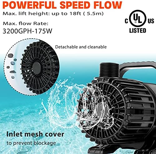 WaterRebirth (3200GPH-175W,UL listed) High Flow Large Fountain Submersible Water Pond Sump Pump Aquarium Electric Waterfall Pump Outdoor PS-3200 (Pack of 2)