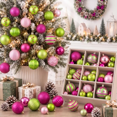 Lunmon 64 Pcs Lime Green Pink Christmas Ornaments Sets Polka Dot Xmas Balls