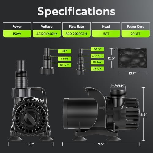 150W Pond Pump, Adjustable Flow 800~2,7800GPH Fountain Pump