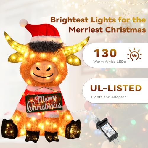 3D Lighted Highland Cow Outdoor Christmas Decor with Timer&Remote Control