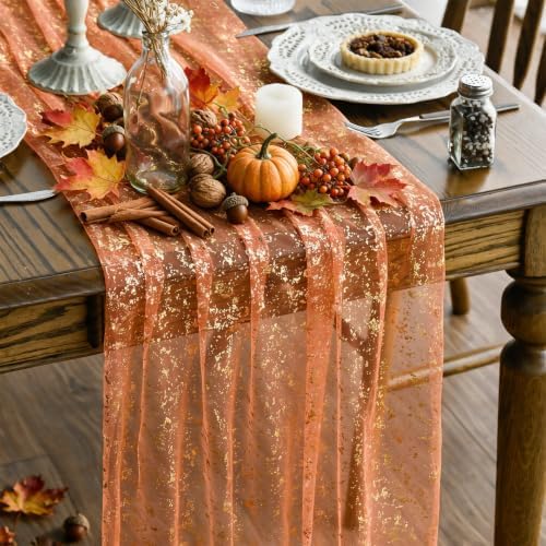 Artoid Mode Orange Gold Gauze Table Runner 120 Inch 10FT, Glitter Metallic Foil Sheer Dining Wedding Anniversary Holiday Table Decor for Home Party