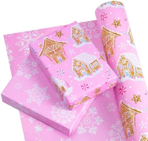 WRAPAHOLIC 30 Inch Jumbo Reversible Gingerbread Christmas Wrapping Paper - 30 Inch x 100 Feet Jumbo Roll Pink Gingerbread House and Snowflake with Embossed for Christmas, Holiday, Party Celebration