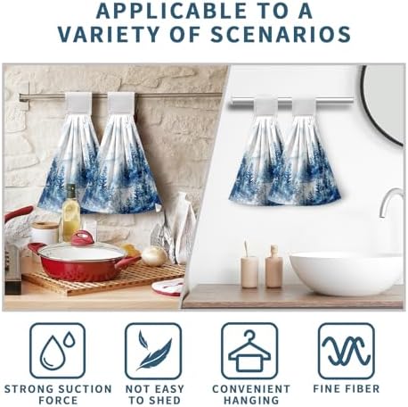 Blue Misty Forest Hanging Hand Towels Set of 2 Winter Nature Pine Trees Mountain Kitchen Towels with Hanging Loop Rustic Farmhouse Hand Towels Super Absorbent Soft Dish Tie Towel Tea Towel