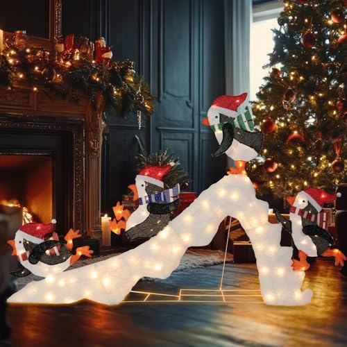 7 FT Lighted Christmas Penguin On Slide, Pre‑Lit Outdoor Yard Decor