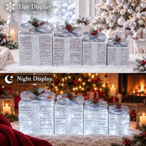 Set of 3 Silver Lighted Boxes, White Indoor Christmas Decor