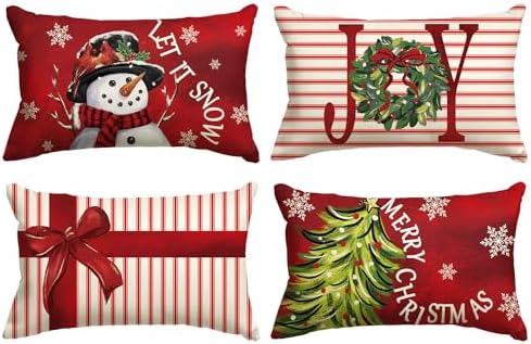 AVOIN colorlife Merry Christmas Let It Snow Joy Stripes Gift Box Red Throw Pillow Covers, 12 x 20 Inch Xmas Tree Holiday Cushion Case Decoration for Sofa Couch Set of 4