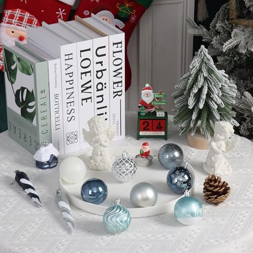 124Ct Blue and Silver Christmas Ornaments Set, Elegant Shatterproof Assorted Christmas Decorations for Xmas Tree Snowflake Icicle House Ball Ornaments Baubles for Holiday Party Decor (Blue&Silver
