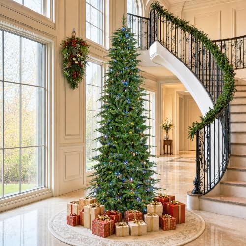 Glitzhome 11ft Prelit Christmas Tree, Realistic Pencil Artificial Christmas Tree with 4,205 Tips, Radiant Slim Evergreen with 2,700 Warm White & Multi-Color Chasing and Twinkling Lights, Easy Assembly