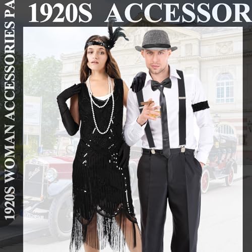 1920s Couples Costume Set Flapper Dress Hat