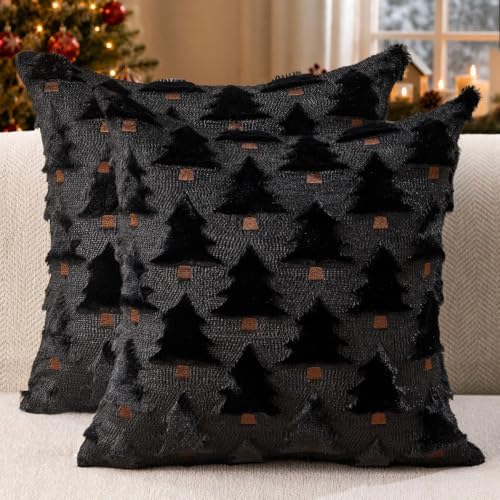 Allorry Christmas Pillow Covers 18x18 inch Set of 2 Black Christmas Decorations Soft Plush Faux Fur Wool Christmas Tree Throw Pillow Cases Winter Holiday Decor for Sofa Living Room PT002J18