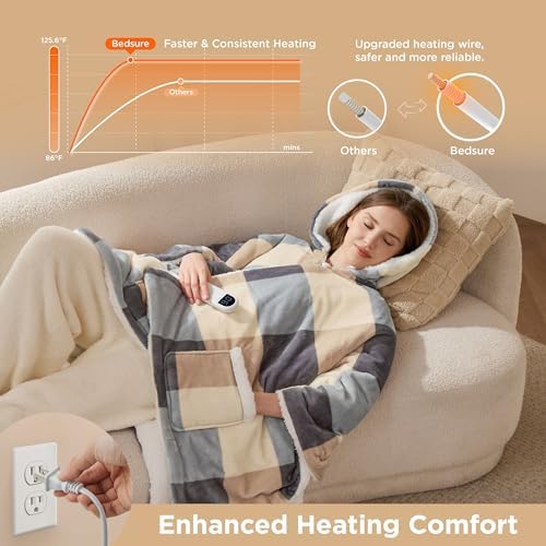 Bedsure Wearable Heated Blanket Hoodie Shawl, 55"x64", Beige Plaid Pattern