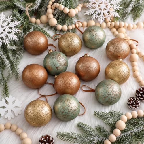 Yunlly 12 Pcs Neutral Christmas Ornament, Brown Copper Sage Green, 4''