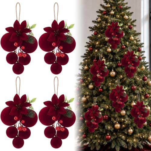 Thenshop 4 Pcs 12" Christmas Ball Ornament for Xmas Tree,Burgundy