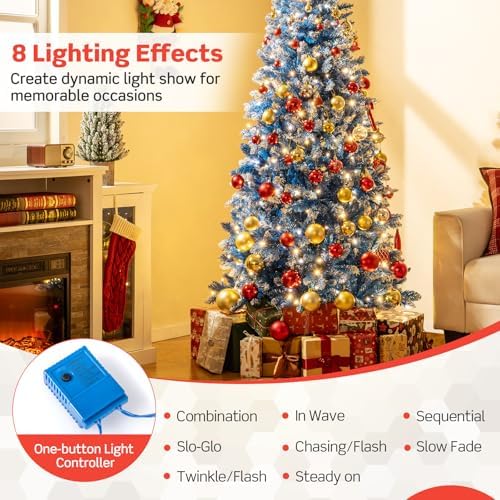 HAPPYGRILL 6 FT Pre-lit Christmas Tree Blue Hinged Artificial Xmas Tree with 270 Warm White LED Lights, 8 Modes, 767 Frosted Branch Tips, Folding Metal Base, for Home Party Holiday