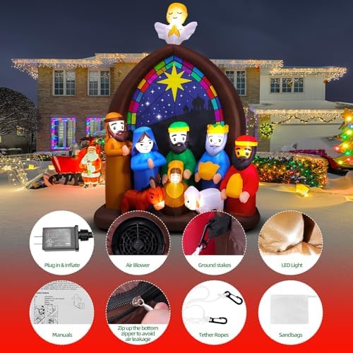8FT Christmas Inflatables Nativity Scene Outdoor Decorations with LED Lights, Large Christmas Jesus Blow Up Yard Decorations Nativity Sets for Garden Lawn Church Display Xmas Decor