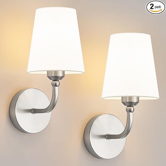 Modern Bathroom Vanity Light, Brushed Nickel Bathroom Light Fixtures, Set of 2 Lighting Fixtures Over Mirror, Modern Wall Sconce with Flared White Fabric Shade, E26 Socket(ETL Listed)