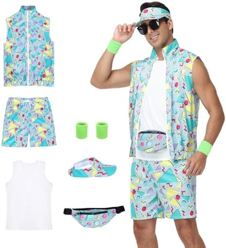 80s Outfit for Men, Neon Retro Workout Costume Set with Accessories