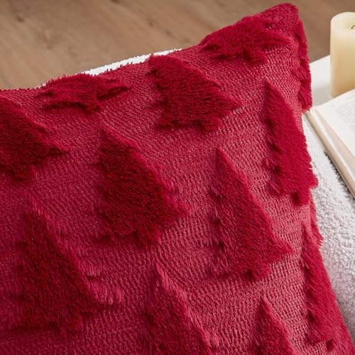 MIULEE Christmas Throw Pillow Covers Burgundy Red Christmas Decorations Set of 2 Xmas Tree 26x26 Pillow Covers Soft Plush Faux Wool Pillowcases Holiday Festivals Winter Home Decor Sofa Couch Bed Porch