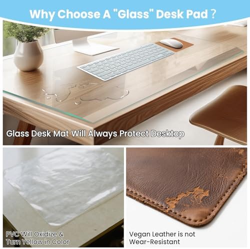 Tempered Glass Desk Pad with Beveled Edge, 32" x 20" Clear Office Desk Pad for Keyboard and Computer Monitor, Glass Desk Mat for Desktop Dry Erase