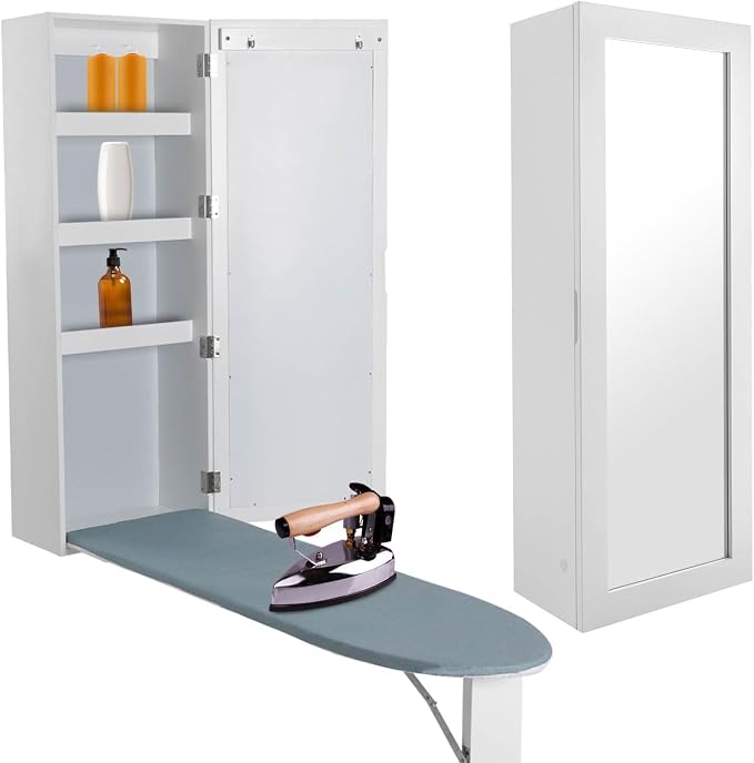 Wall Ironing Board Cabinet Built-in 35" L Ironing Board Fold Down Ironing Board Cabinet with Storage Cabinet, Mirrors, Support Table for Home Apartment, White 14" L x 6.9" W x 37.4" H