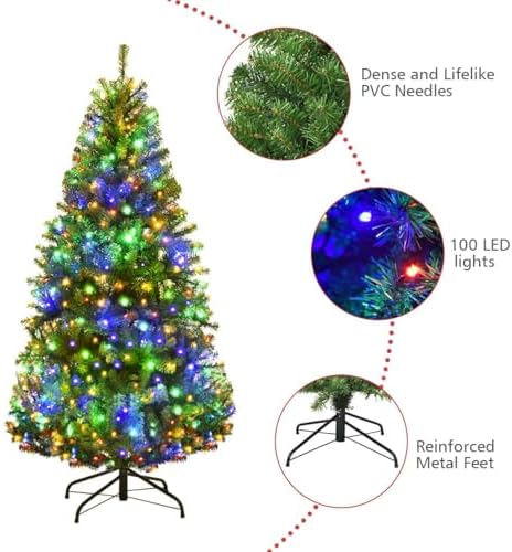 HAPPYGRILL 4FT Pre-Lit Christmas Tree with 300 PVC Branch Tips and Foldable Base, Premium Artificial Spruce Tree Hinged Xmas Tree for Holiday Decoration