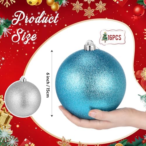 Poen 12 Pcs 6 Inch Large Glitter Christmas Ball Ornament, Blue, Silver