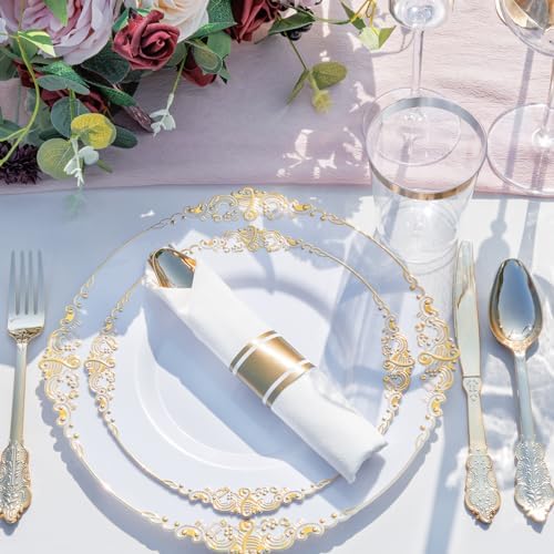 Nervure 175Pcs Gold Plastic Plates, Disposable Dinnerware Set for 25 Guests