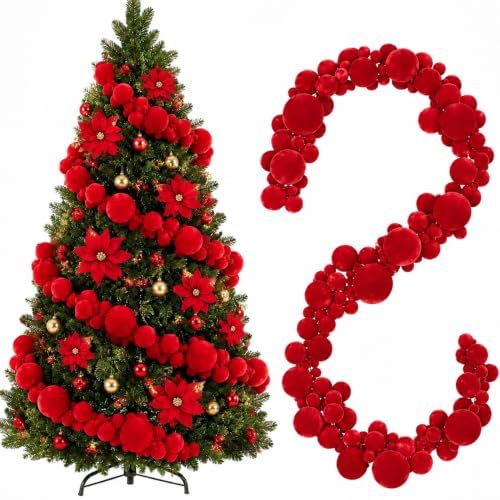 2 Pcs 6 ft Red Velvet Christmas Ball Ornament Garland