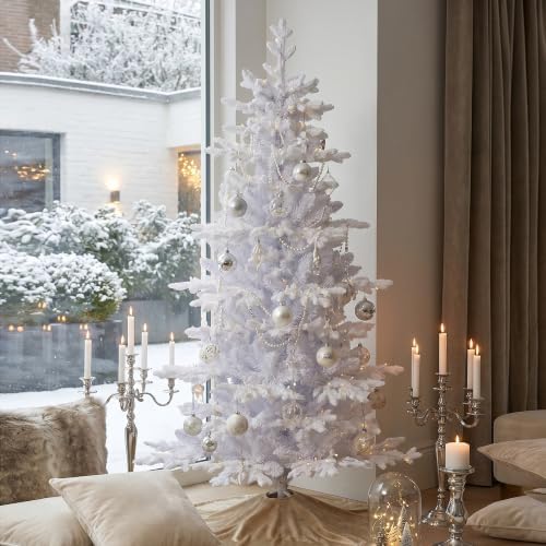 Glitzhome 6ft Prelit Artificial Christmas Tree, Slim White Frostfall Fir Xmas Tree with 260 Warm White & Multi-Color Lights, 1,056 PE&PVC Tips, Flocked Christmas Tree for Indoor Holiday Spaces