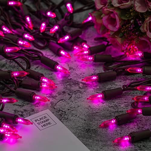 YULETIME 200 Pink LED Christmas Lights, 66 ft Brown Wire UL String Light