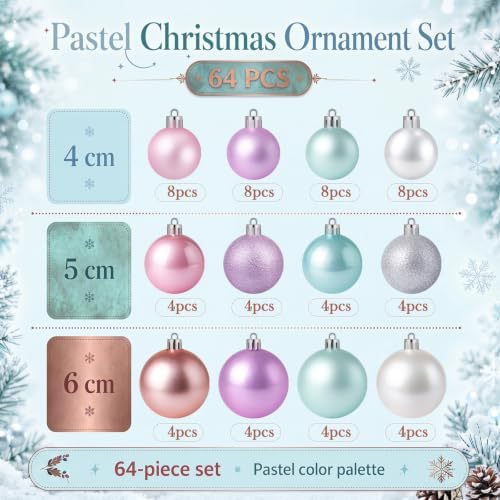 Lunmon 64 Pcs Pastel Christmas Ball Ornaments Candy Macaron Tree Decoration
