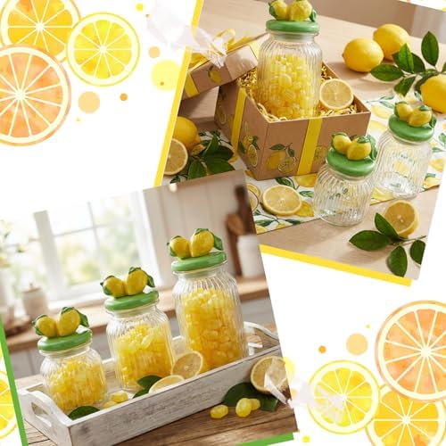 Mimorou 3 Set Lemon Glass Candy Jars with Ceramic Lids 44oz 33oz 22oz Summer Lemon Cookie Jars Airtight Glass Food Storage Containers for Summer Party Tea Cookie Snacks Sugar