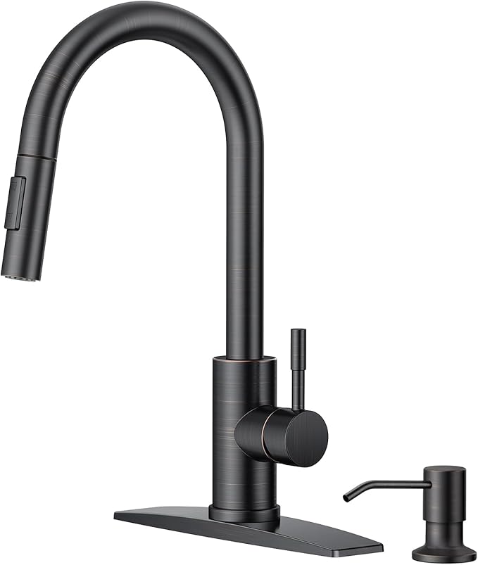 FORIOUS Oil Rubbed Bronze Kitchen Faucet with Soap Dispenser, High Arc Modern Sink Faucet with Pull Down Sprayer and Deck Plate Fit for 1 or 3 Hole for Pot Filler Bar Farmhouse Laundry Rv, ORB