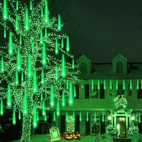 Weepong Halloween Lights Outdoor, Meteor Shower Christmas Lights for Halloween Decorations, 8 Tube 192 LED Snow Falling Rain Icicle String Light for Xmas Christmas Decor Tree Party, UL Plug Green