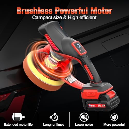 Cordless Car Buffer Polisher Kit（2X 2000mAh 12V Batteries&34 PCS Attachments）- Brushless Dual Action Random Orbital Polishing with 6-Speed 6000RPM for Auto Detailing, Waxing & Paint Correction