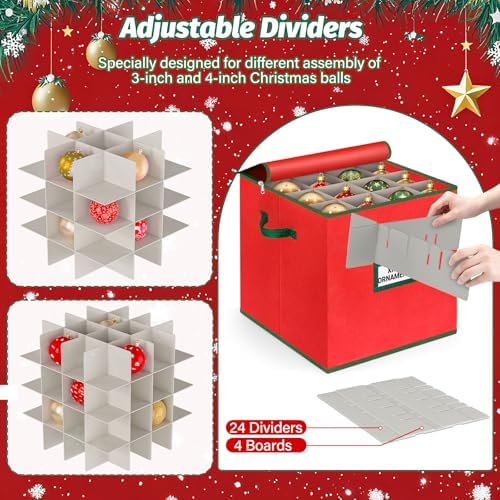 StorageRight Christmas Tree Bag & Ornament Storage Box Set, Water-Resistant 7.5 Ft Tree Storage & 64-Compartment Organizer with Dividers, Tag Pockets & Handles, Heavy-Duty Xmas Decor Containers, Red