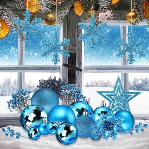 Sratte 94 Pcs Christmas Tree Ornaments Decoration Set, Lake Blue