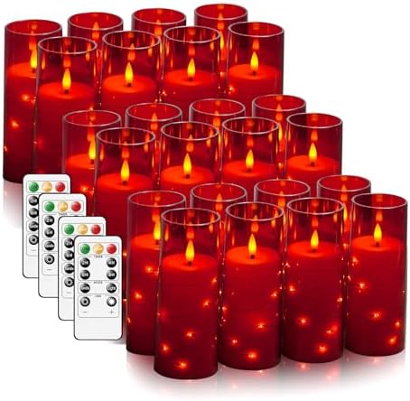 kakoya Flameless LED Candles with Timer 24 Pc Flickering Flameless Candles for Romantic Ambiance and Home Decoration Stable Acrylic Shell,with Embedded Star String，Battery Operated Candles（Red）