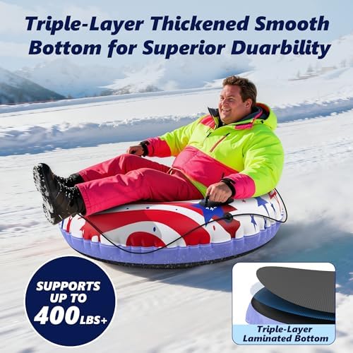 47 Inch Heavy-Duty Inflatable Snow Tube Sled with Towable Leash, Cold-Resistant Snow Tubes for Sledding with Triple-Layer Bottom & Sturdy Handles Winter Outdoor Snow Toys