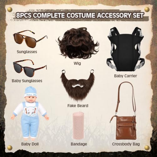 8PCS Halloween Baby Carrier Costume for Men Adult Funny Dad Wig Beard Set