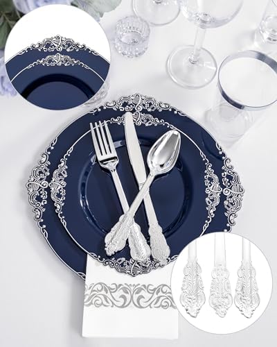 Hioasis 175pcs Blue and Silver Plastic Plates 10.25"
