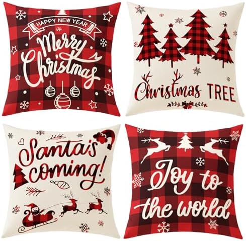 Plaid Christmas Pillow Covers 18x18 Buffalo Check Set of 4 Red Black Christmas Decorations Farmhouse Throw Pillow Covers Winter Holiday Linen Cushion Case for Home Sofa Couch Bed Chair