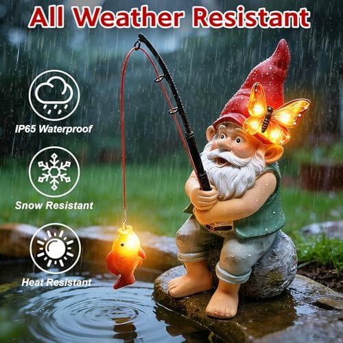 Solar Garden Gnome Statues, Outdoor Fishing Gnome with Butterfly Solar Lights Waterproof, Birthday Gifts for Mom Women Christmas Mother's Day, Garden Figurines for Yard Decor Patio Lawn Ornaments