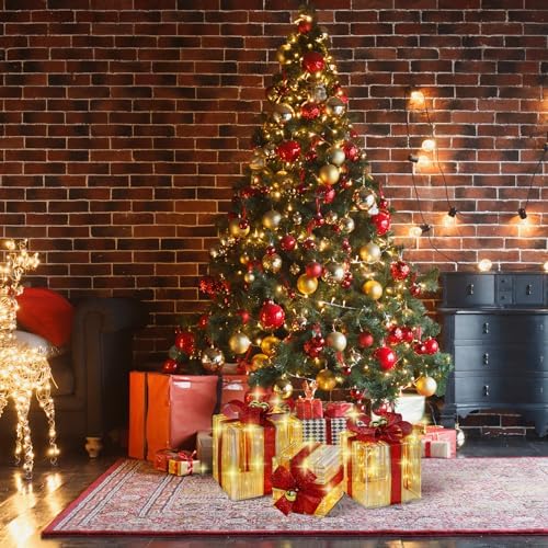 DomKom Set of 3 Christmas Lighted Gift Boxes, 140 LED Lights Nesting Present Boxes, Metal Frame Gift Box with Golden Ball Ornament, for Xmas Tree Indoor Outdoor Holiday Decorations