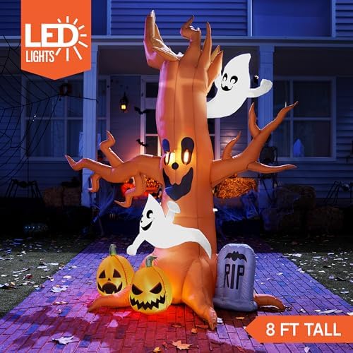 Joiedomi 8FT Halloween Inflatable Scary Tree with Ghost Decor,Blow Up Inflatables with Build-in LEDs Pumpkin and Tombstone