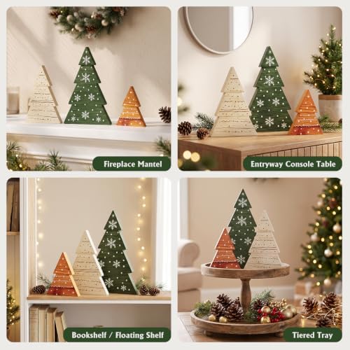KLYRO Christmas Decor, 3Pcs Wooden Tabletop Christmas Tree Decorations Sign